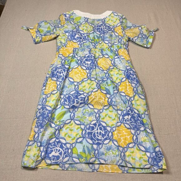 Lilly Pulitzer Andover Dress 4 Blue Yellow Lined Floral Monkey Lemon Pockets - Picture 2 of 9
